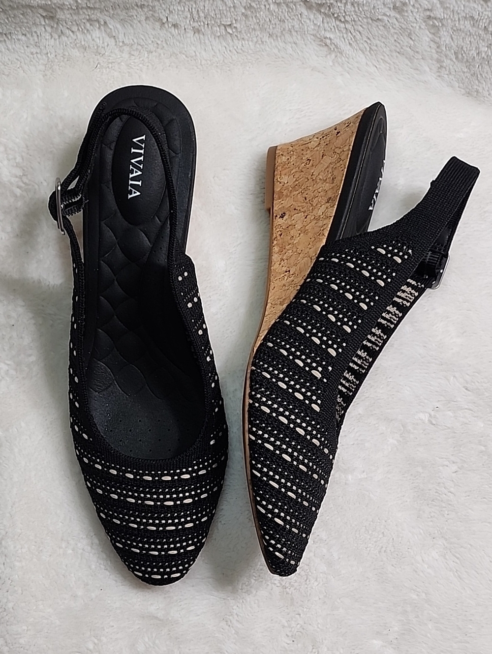 Vivaia Tamia slingback wedge sandals  black and cream knit cork wedge heel 39/8 - Picture 14 of 16